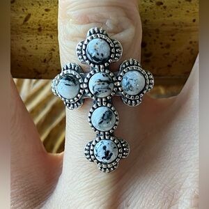 White Buffalo Turquoise Sterling Silver Cross Ring Size 7